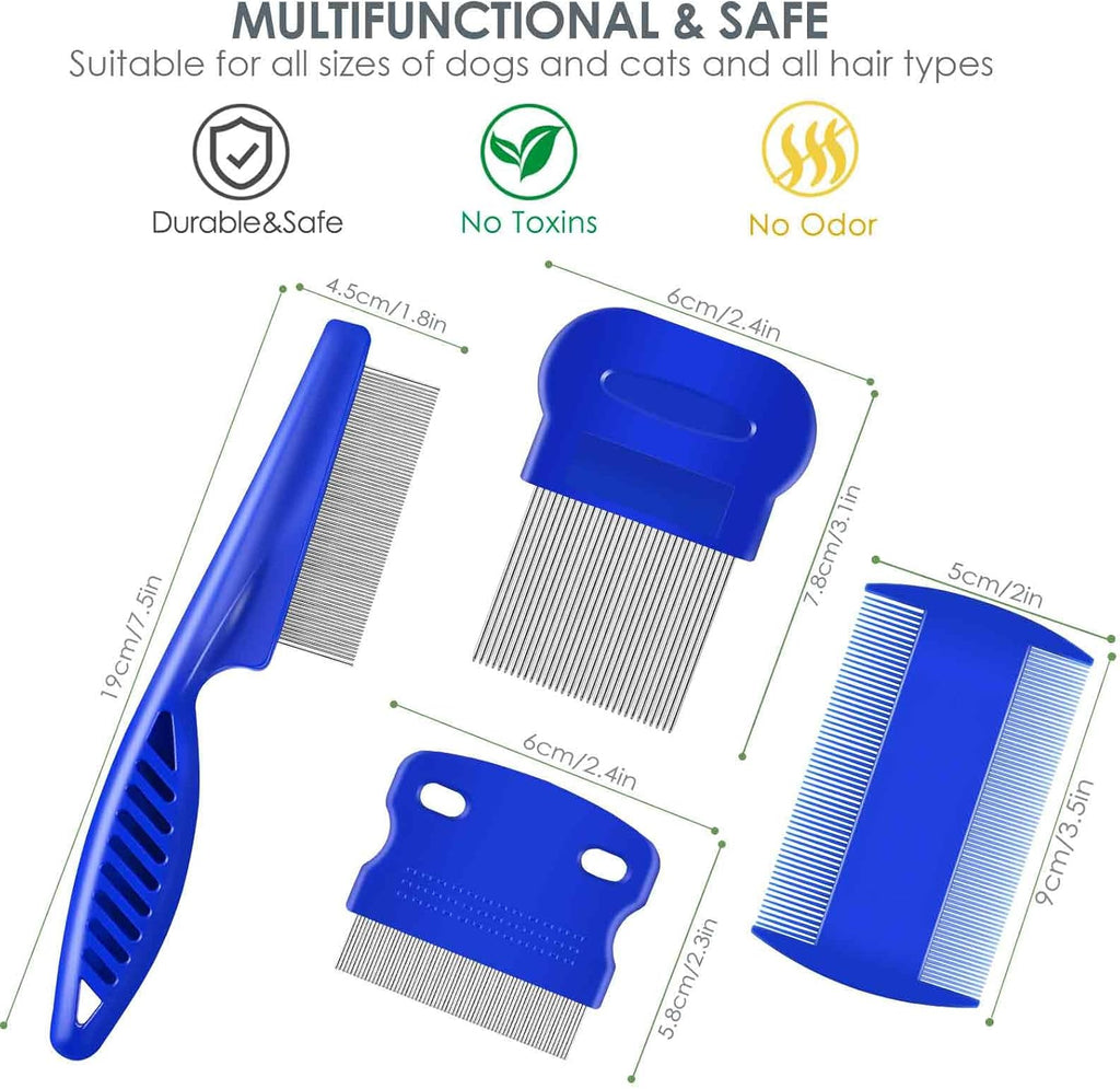 4 Pack Flea Lice Comb, Stainless Steel Dog Cat Grooming Combs with Rounded Teeth