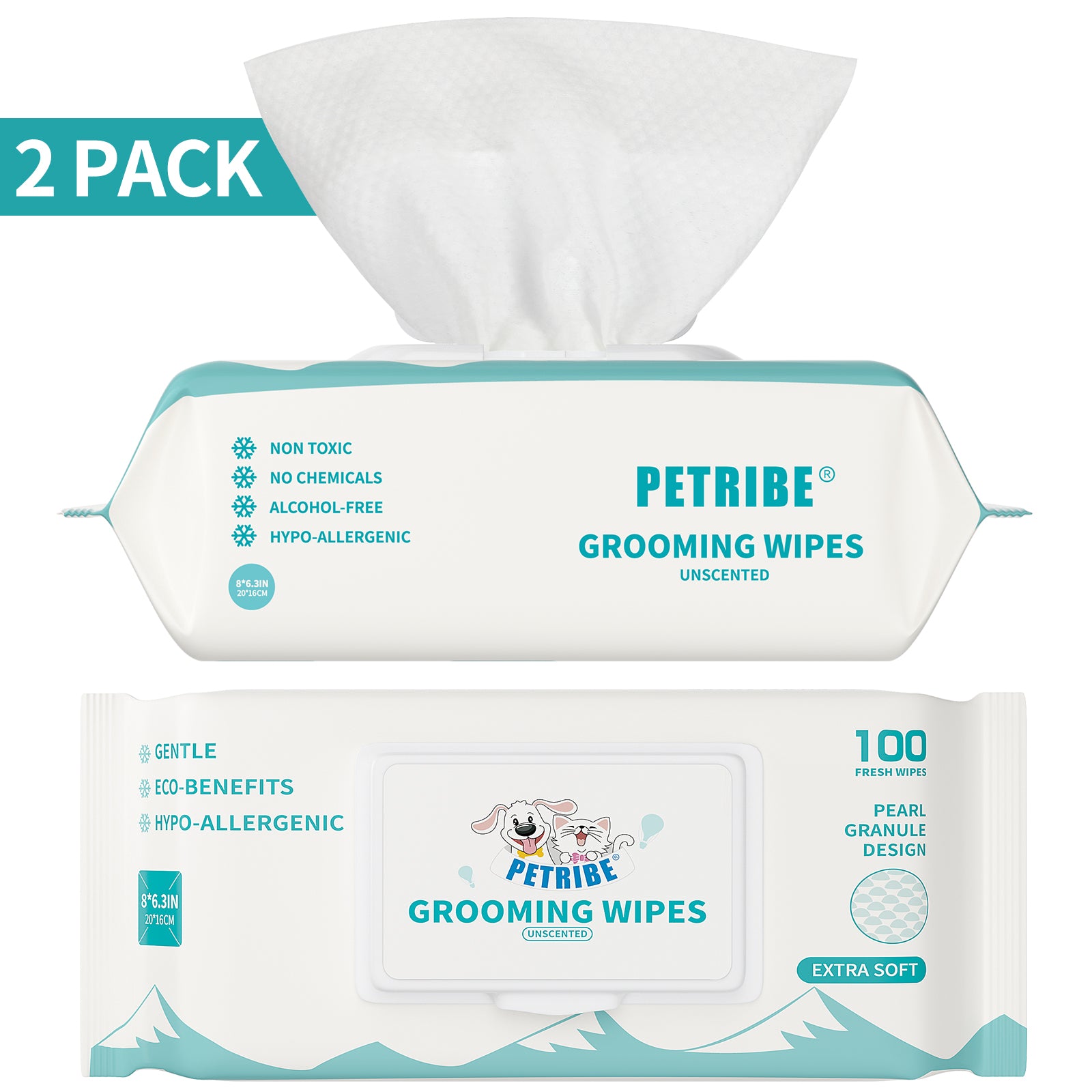 PETRIBE Dog Grooming Wipes, Pet Wipes for Paws, Body & Butt, Cleaning & Hydrating, Unscented, 200-Count