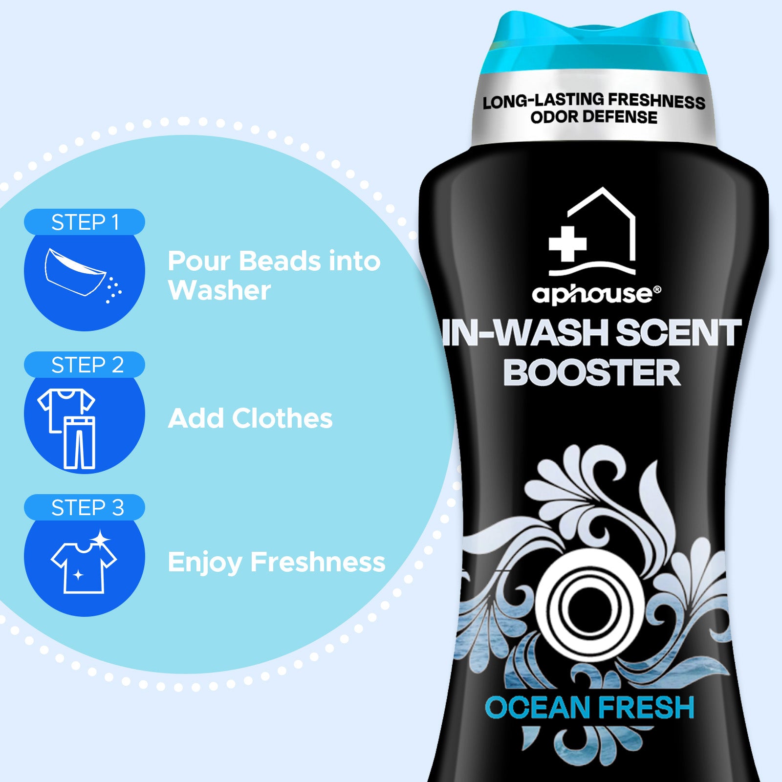 APHOUSE In-Wash Scent Booster Laundry Beads, Ocean Fresh Scent, Odor Blasters Long Lasting Freshness & Odor Eliminator for Laundry, HE Safe, 24 oz