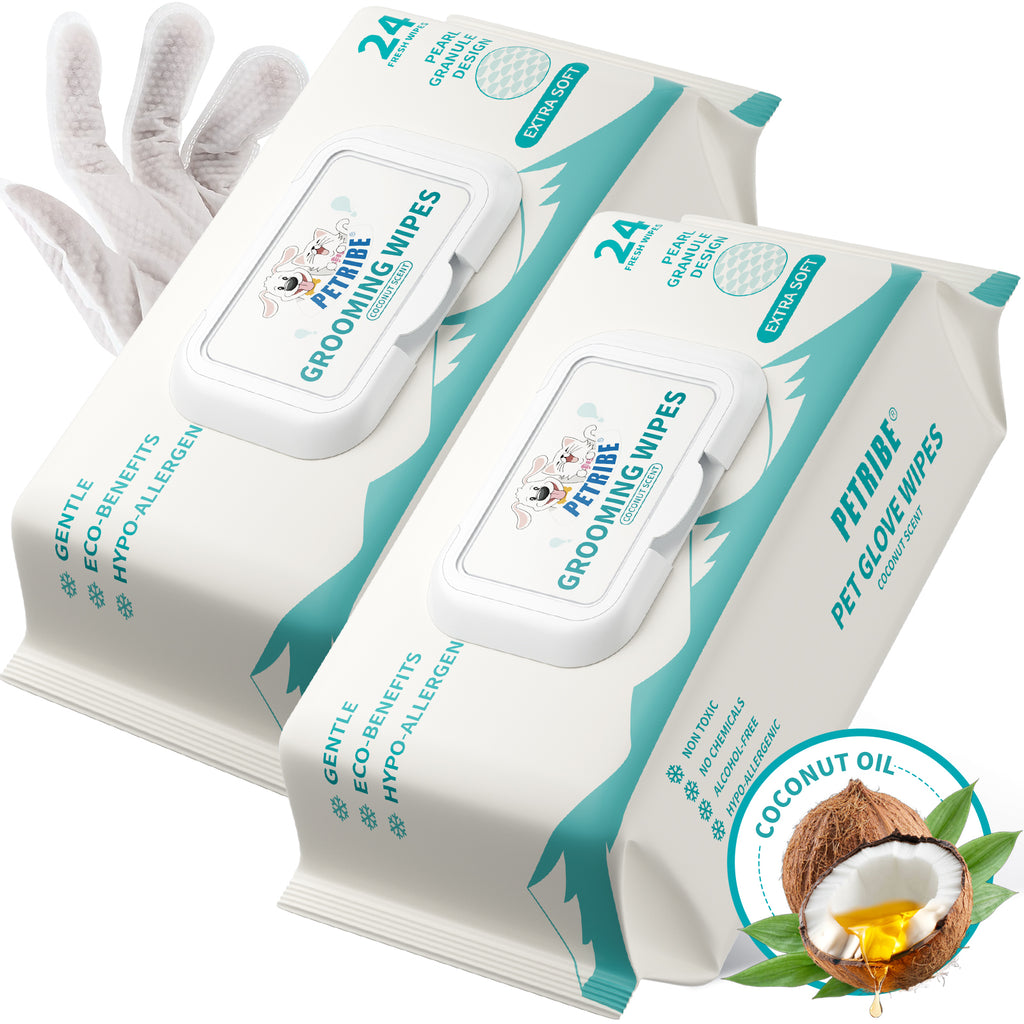 PETRIBE Dog Wipes Cleaning Deodorizing Glove Wipes for Dogs & Cats, 48 pcs, Coconut Scent, Hypoallergenic Hydrating & Nourish Fur Pet Grooming Glove Wipes, Daily Care & Traveling