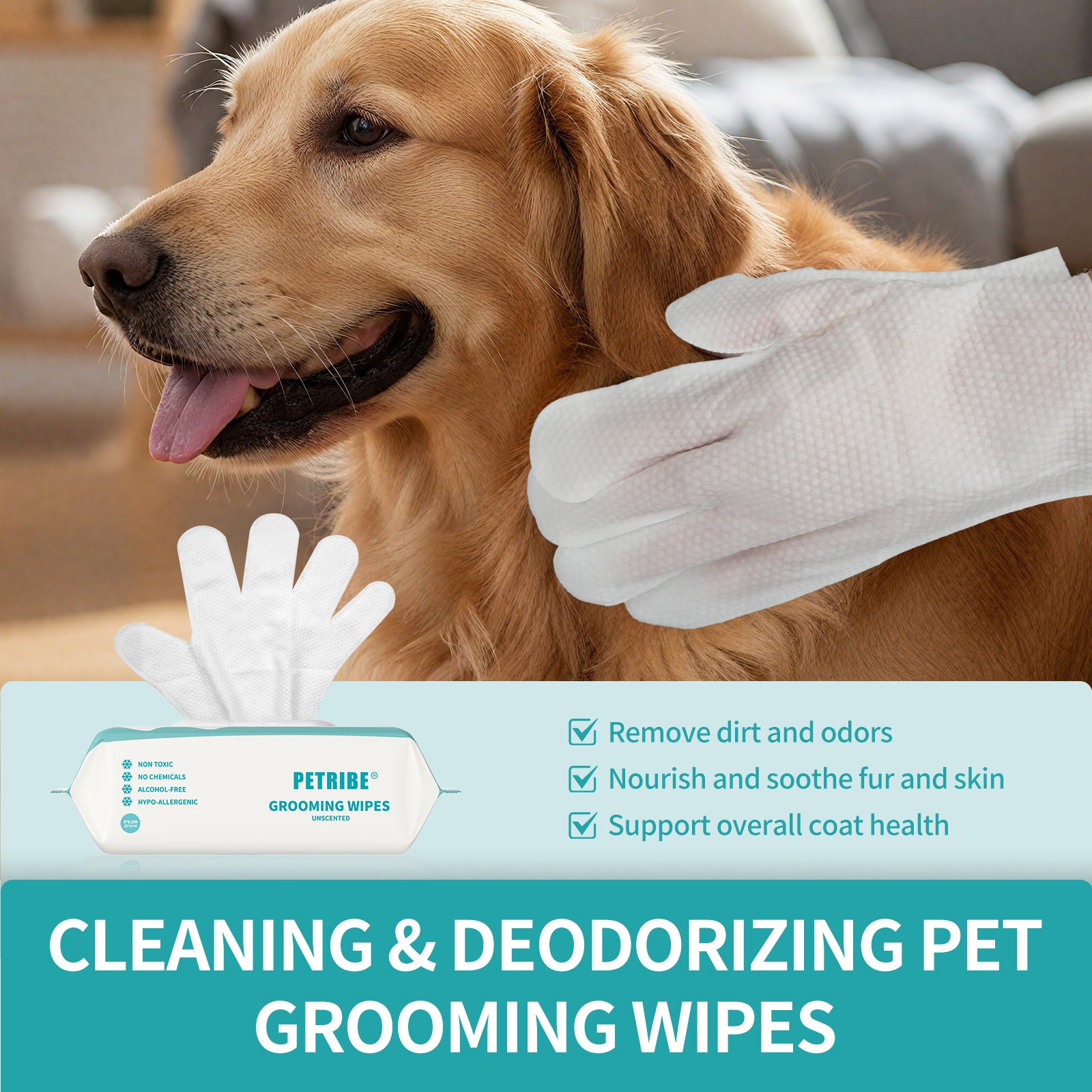 PETRIBE Dog Cleaning Wipes, Extra Thick Pet Bathing Wipes for Dogs & Cats, Dog Wipes Washing Gloves, Cleaning & Deodorizing Grooming Gloves for Daily Care and Traveling