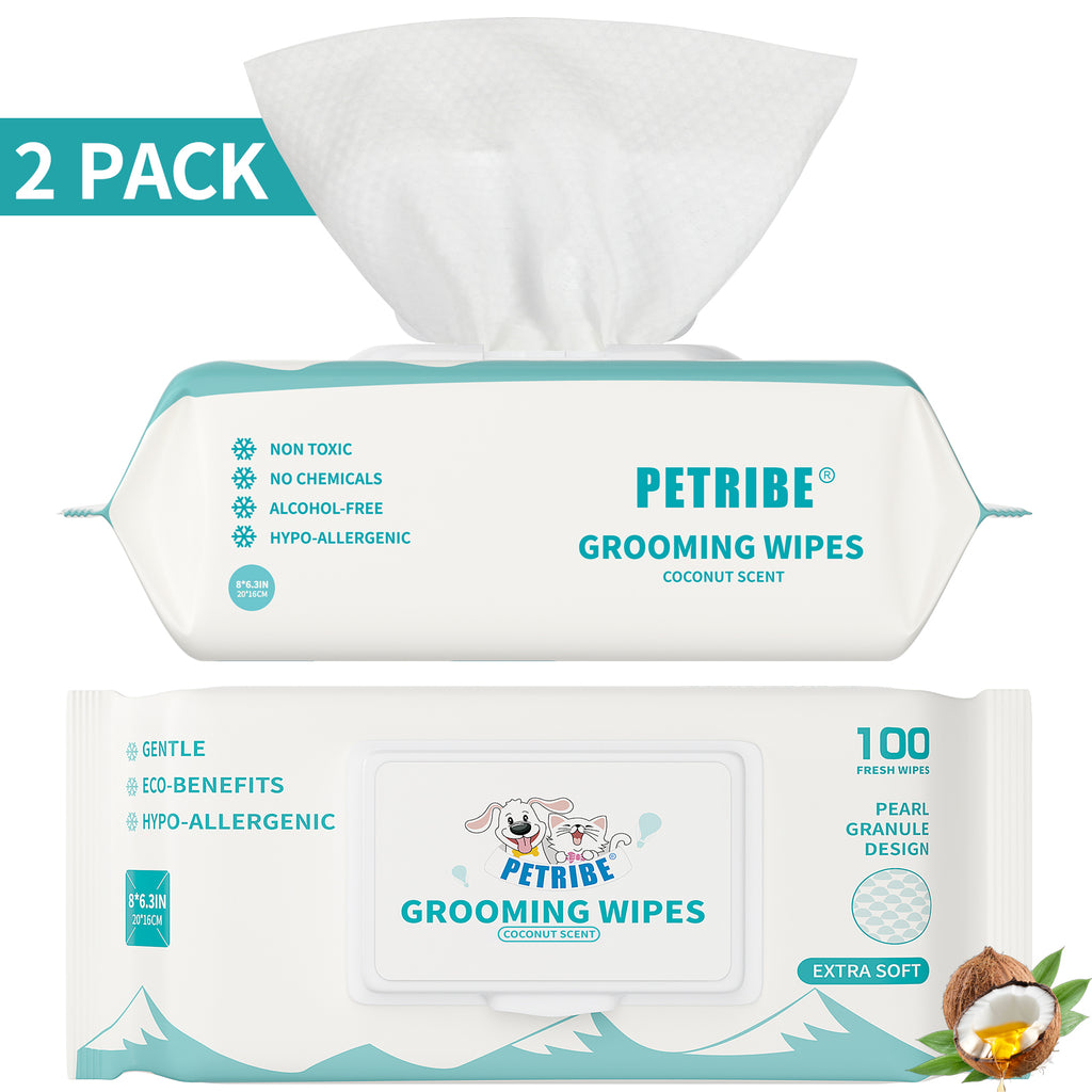 PETRIBE Dog Grooming Wipes, Pet Wipes for Paws, Body & Butt, Cleaning & Hydrating, Coconut Scented, 200-Count