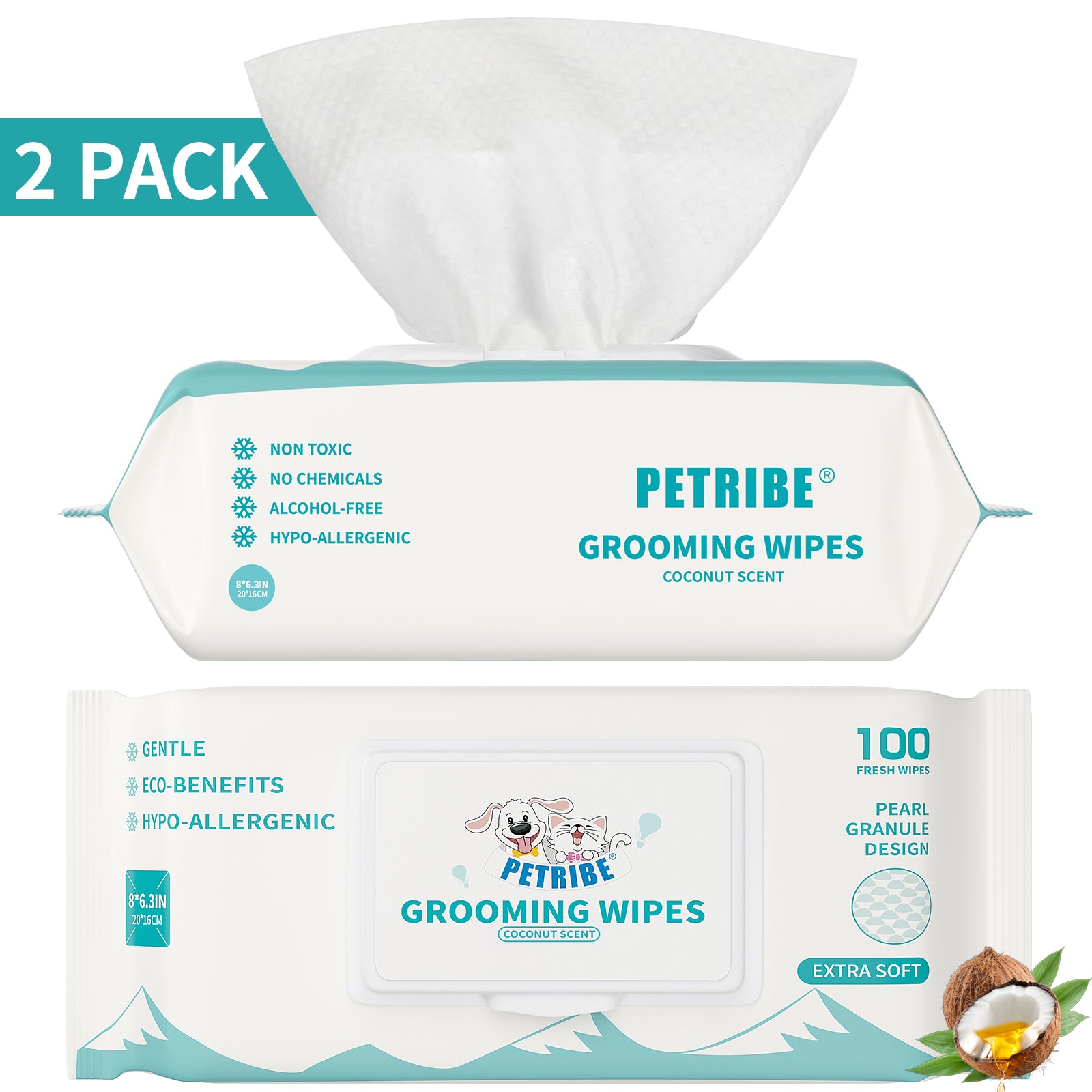 PETRIBE Dog Grooming Wipes, Pet Wipes for Paws, Body & Butt, Cleaning & Hydrating, Coconut Scented, 200-Count