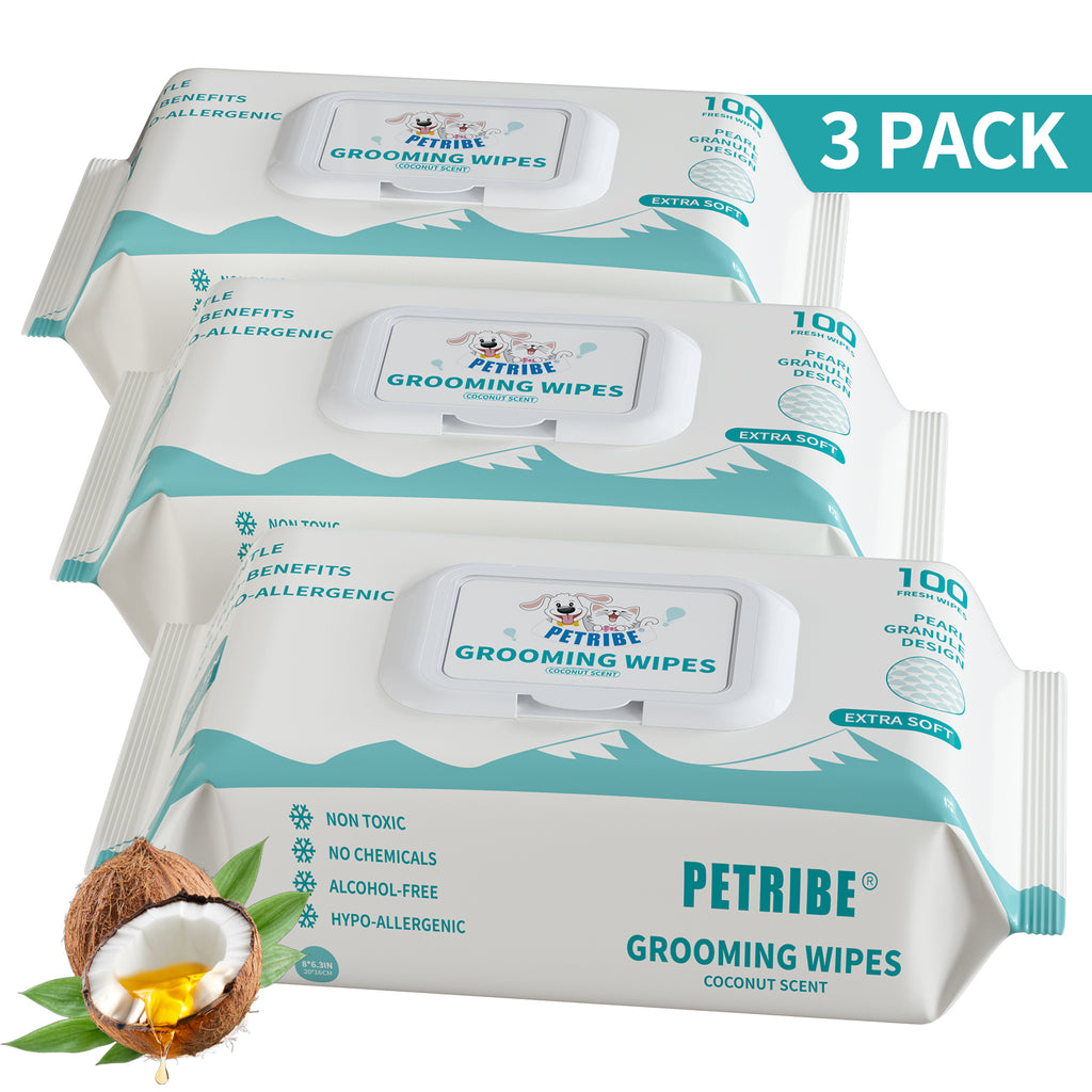 PETRIBE Dog Grooming Wipes, Pet Wipes for Paws, Body & Butt, Cleaning & Hydrating, Coconut Scented, 200-Count