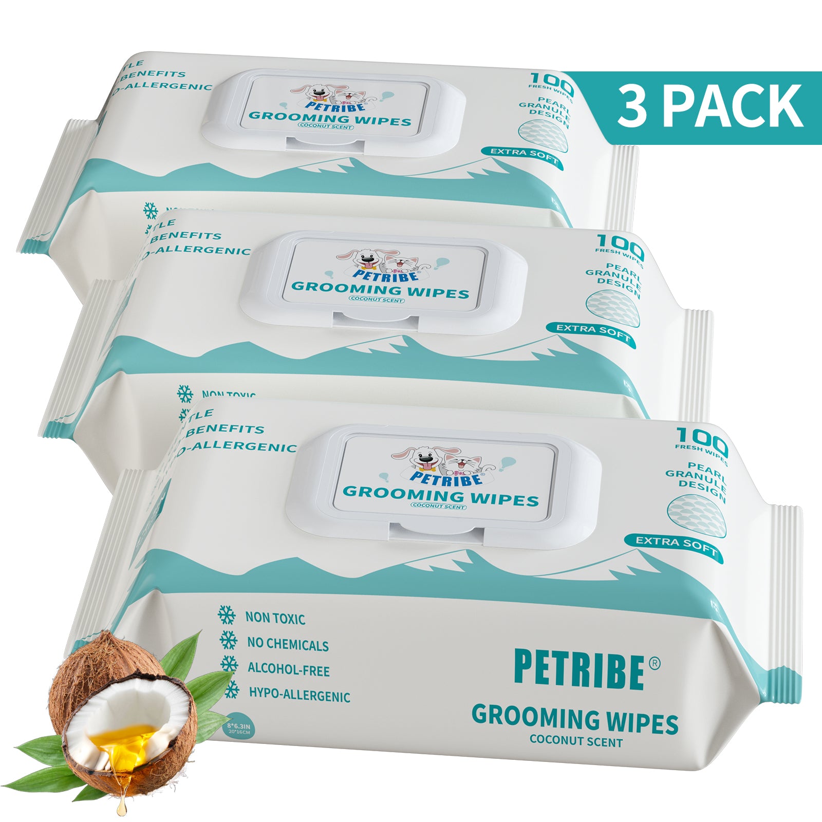 PETRIBE Dog Grooming Wipes, Pet Wipes for Paws, Body & Butt, Cleaning & Hydrating, Coconut Scented, 200-Count