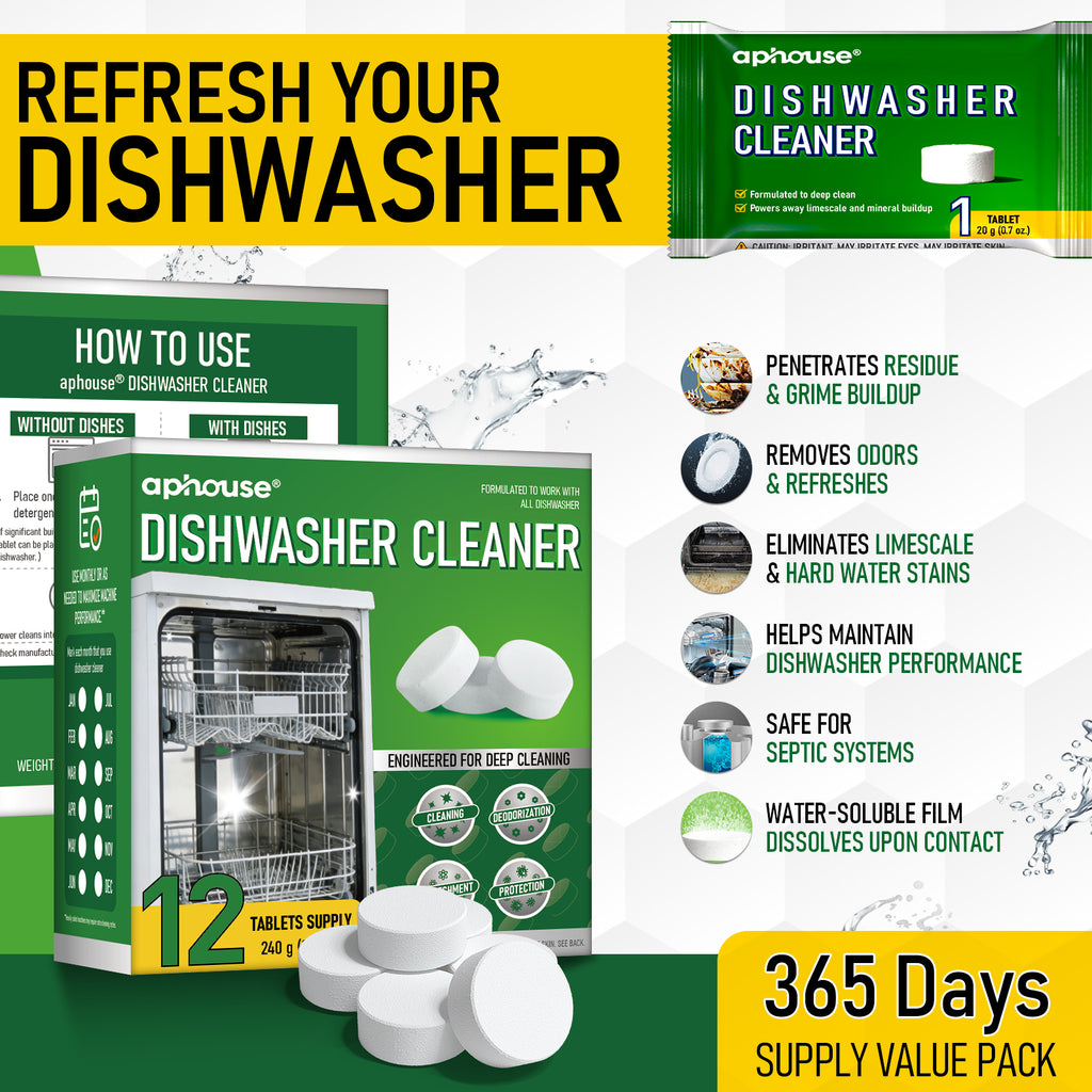 aphouse Dishwasher Cleaner And Deodorizer 12 Tablets, Deep Cleaning Descaler Pods for Dish Washer Machine, Heavy Duty, Septic Safe, Helps Power Away Odor Causing Bacteria, Limescale