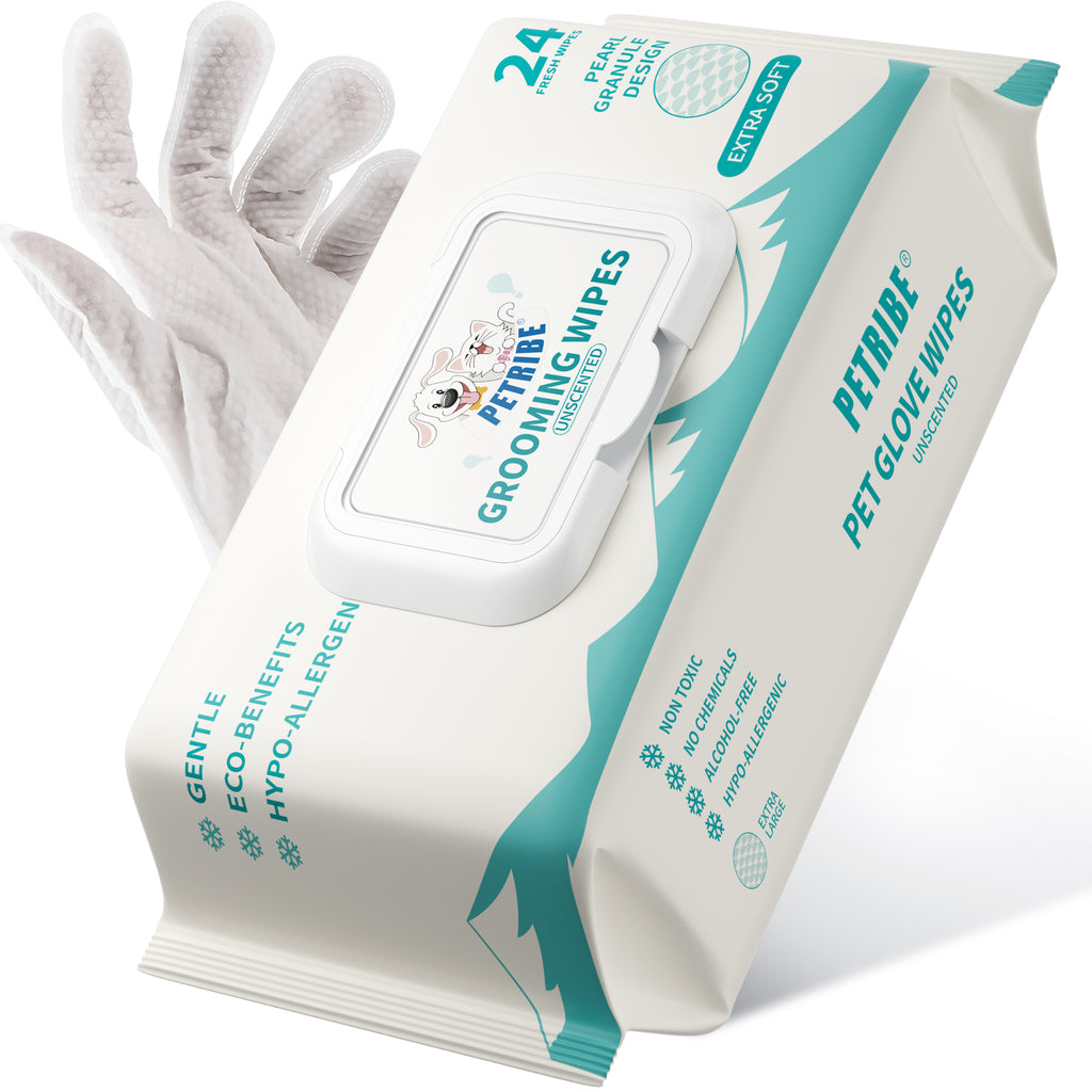 PETRIBE Dog Wipes Cleaning Deodorizing Glove Wipes for Dogs & Cats, 24pcs Unscented, Hypoallergenic Hydrating & Nourish Fur Pet Grooming Glove Wipes