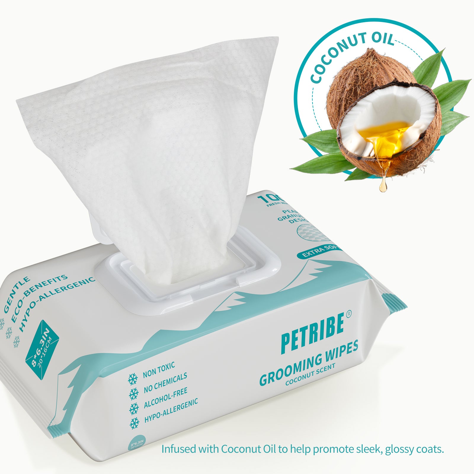 PETRIBE Dog Grooming Wipes, Pet Wipes for Paws, Body & Butt, Cleaning & Hydrating, Coconut Scented, 200-Count